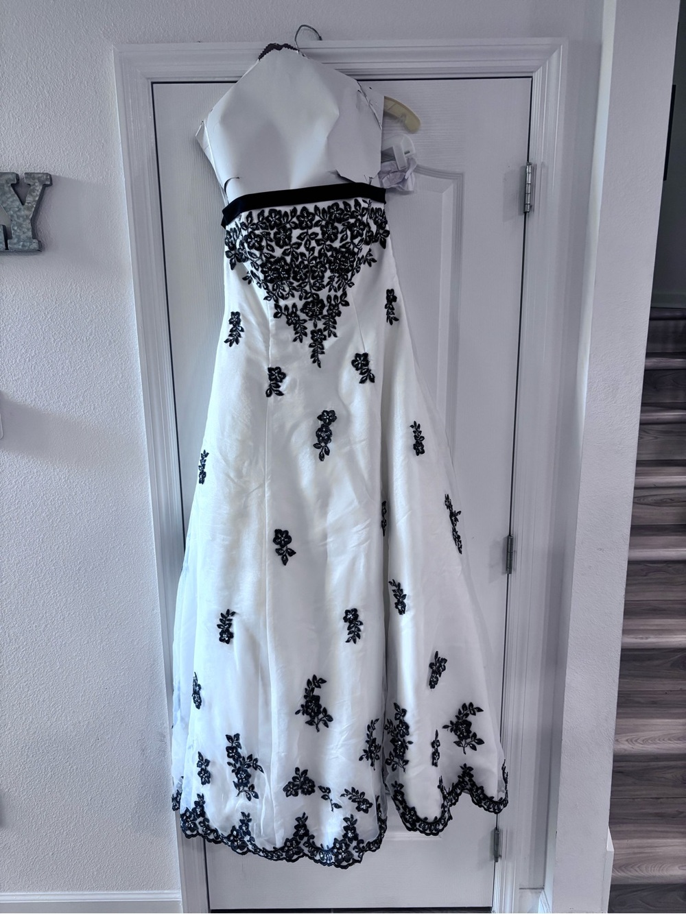 Strapless White Gown with Black Floral Lace Appliqué and protective bag